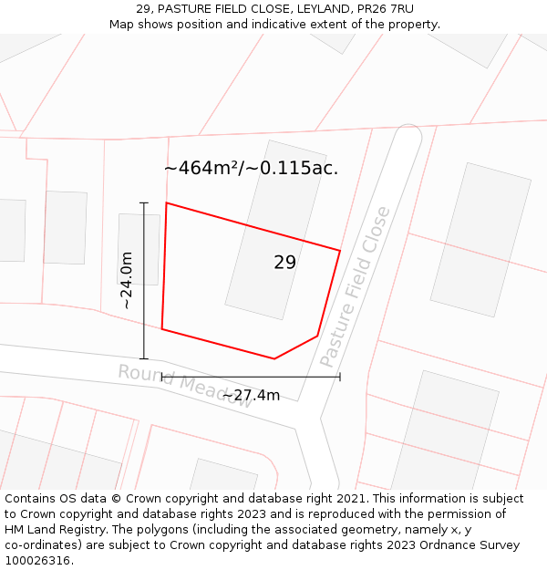 29, PASTURE FIELD CLOSE, LEYLAND, PR26 7RU: Plot and title map