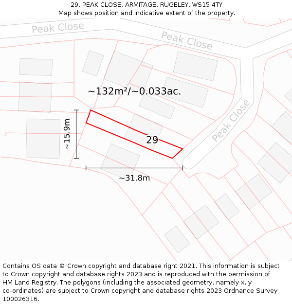29, PEAK CLOSE, ARMITAGE, RUGELEY, WS15 4TY: Plot and title map