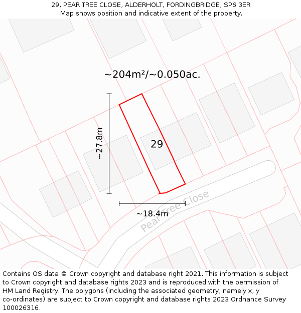 29, PEAR TREE CLOSE, ALDERHOLT, FORDINGBRIDGE, SP6 3ER: Plot and title map