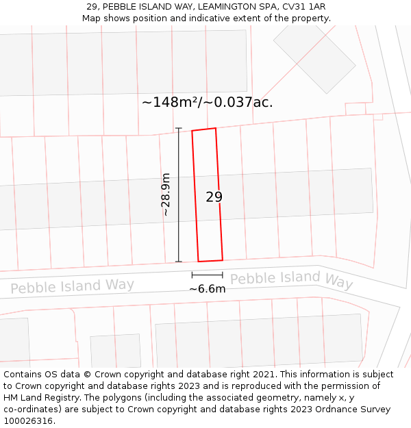 29, PEBBLE ISLAND WAY, LEAMINGTON SPA, CV31 1AR: Plot and title map