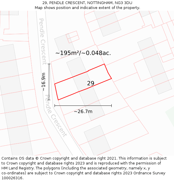 29, PENDLE CRESCENT, NOTTINGHAM, NG3 3DU: Plot and title map