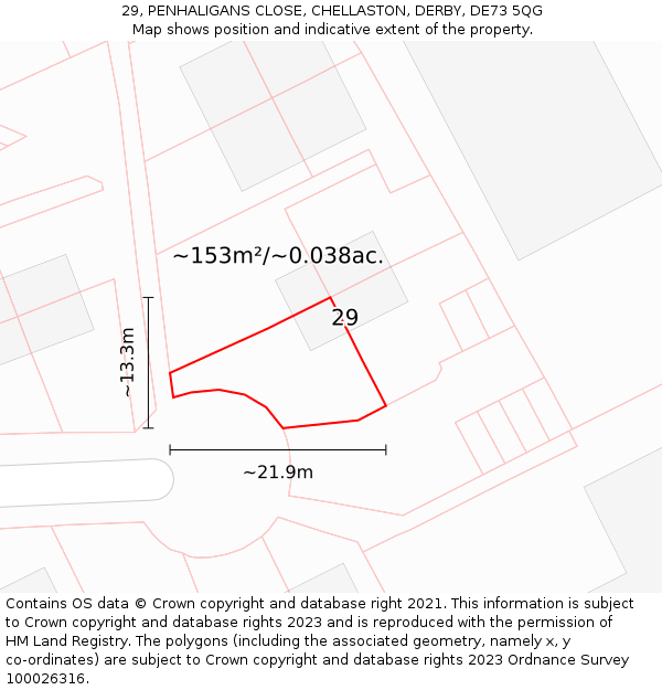 29, PENHALIGANS CLOSE, CHELLASTON, DERBY, DE73 5QG: Plot and title map