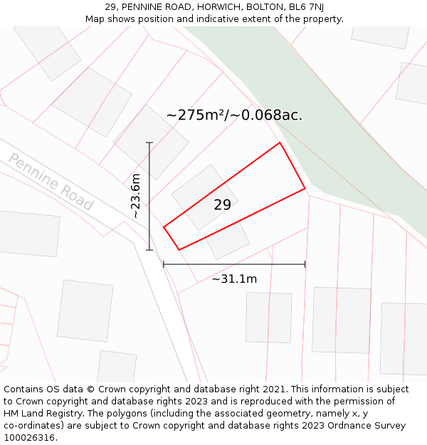 29, PENNINE ROAD, HORWICH, BOLTON, BL6 7NJ: Plot and title map