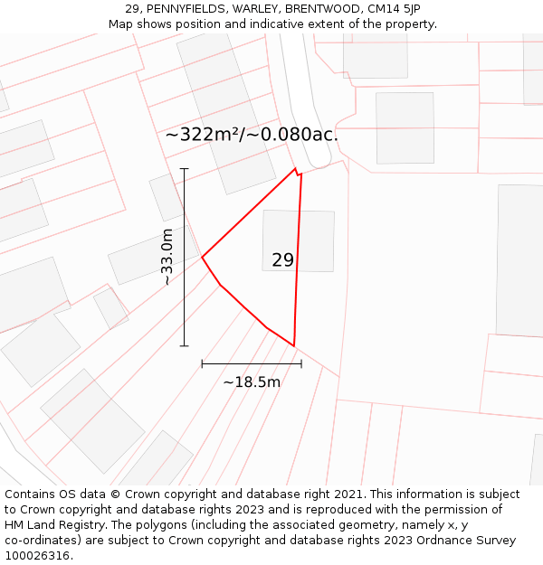29, PENNYFIELDS, WARLEY, BRENTWOOD, CM14 5JP: Plot and title map