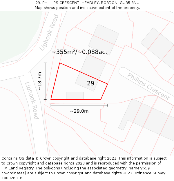 29, PHILLIPS CRESCENT, HEADLEY, BORDON, GU35 8NU: Plot and title map
