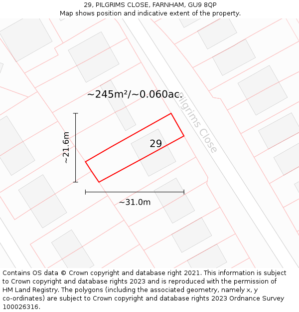 29, PILGRIMS CLOSE, FARNHAM, GU9 8QP: Plot and title map