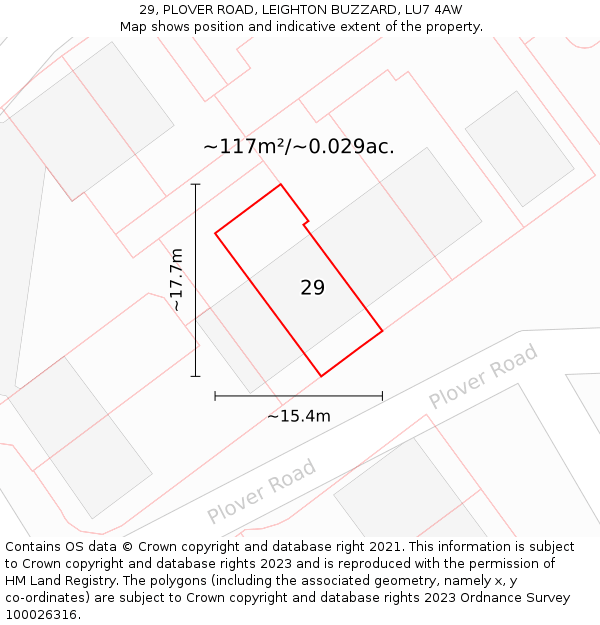 29, PLOVER ROAD, LEIGHTON BUZZARD, LU7 4AW: Plot and title map