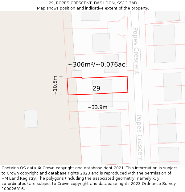29, POPES CRESCENT, BASILDON, SS13 3AD: Plot and title map