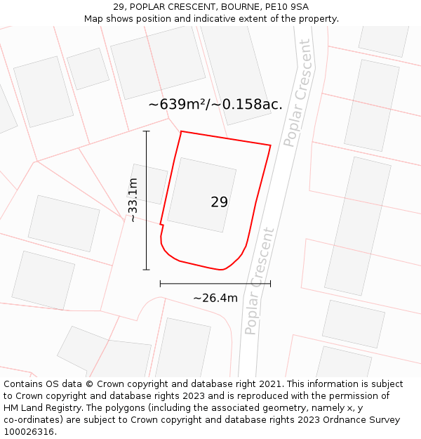 29, POPLAR CRESCENT, BOURNE, PE10 9SA: Plot and title map