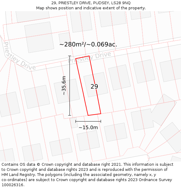 29, PRIESTLEY DRIVE, PUDSEY, LS28 9NQ: Plot and title map