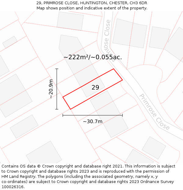 29, PRIMROSE CLOSE, HUNTINGTON, CHESTER, CH3 6DR: Plot and title map