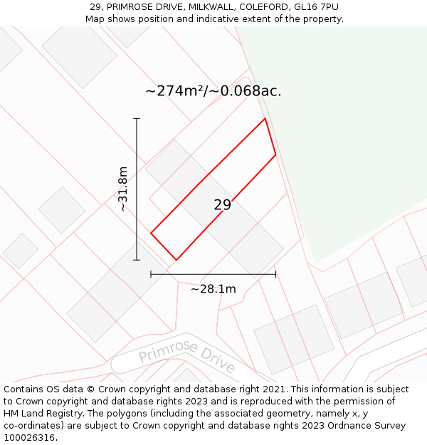 29, PRIMROSE DRIVE, MILKWALL, COLEFORD, GL16 7PU: Plot and title map