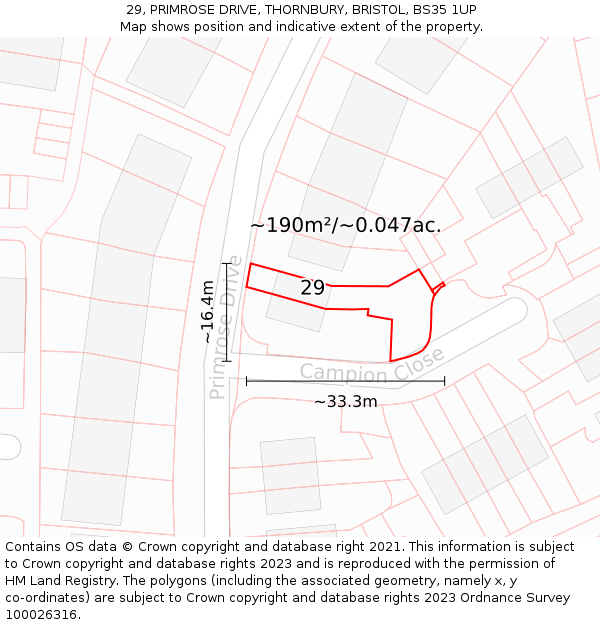29, PRIMROSE DRIVE, THORNBURY, BRISTOL, BS35 1UP: Plot and title map