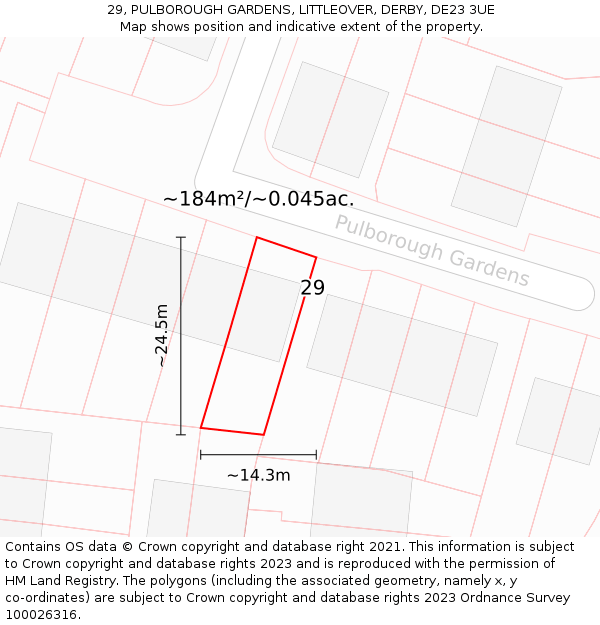 29, PULBOROUGH GARDENS, LITTLEOVER, DERBY, DE23 3UE: Plot and title map
