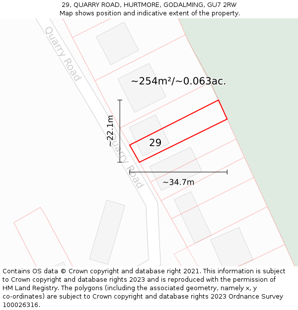 29, QUARRY ROAD, HURTMORE, GODALMING, GU7 2RW: Plot and title map