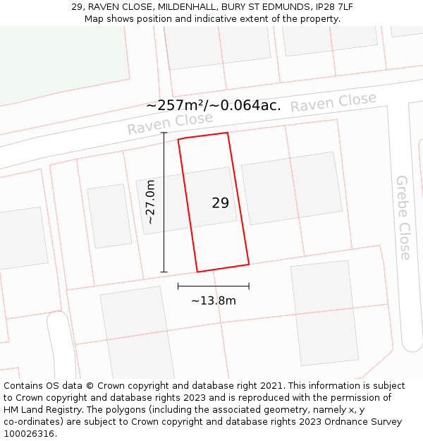 29, RAVEN CLOSE, MILDENHALL, BURY ST EDMUNDS, IP28 7LF: Plot and title map