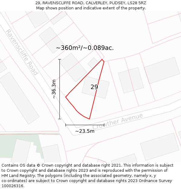29, RAVENSCLIFFE ROAD, CALVERLEY, PUDSEY, LS28 5RZ: Plot and title map