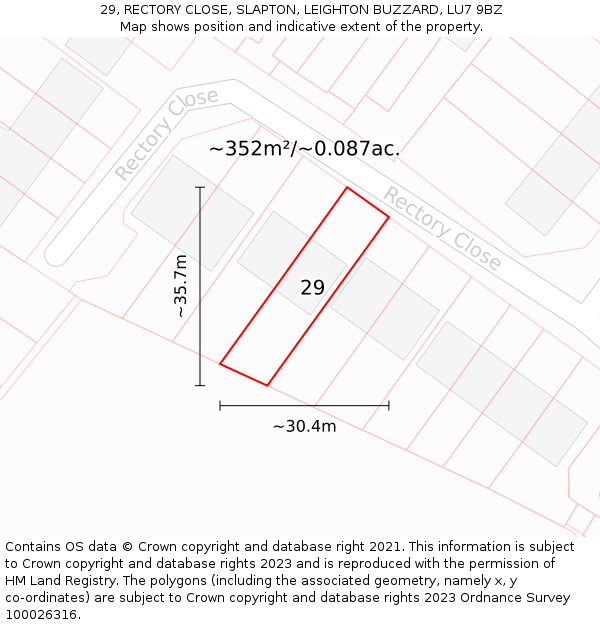 29, RECTORY CLOSE, SLAPTON, LEIGHTON BUZZARD, LU7 9BZ: Plot and title map