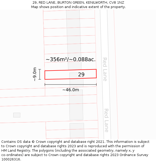 29, RED LANE, BURTON GREEN, KENILWORTH, CV8 1NZ: Plot and title map