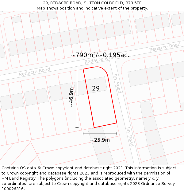 29, REDACRE ROAD, SUTTON COLDFIELD, B73 5EE: Plot and title map