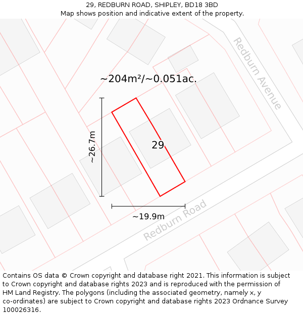 29, REDBURN ROAD, SHIPLEY, BD18 3BD: Plot and title map