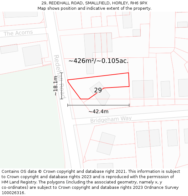 29, REDEHALL ROAD, SMALLFIELD, HORLEY, RH6 9PX: Plot and title map