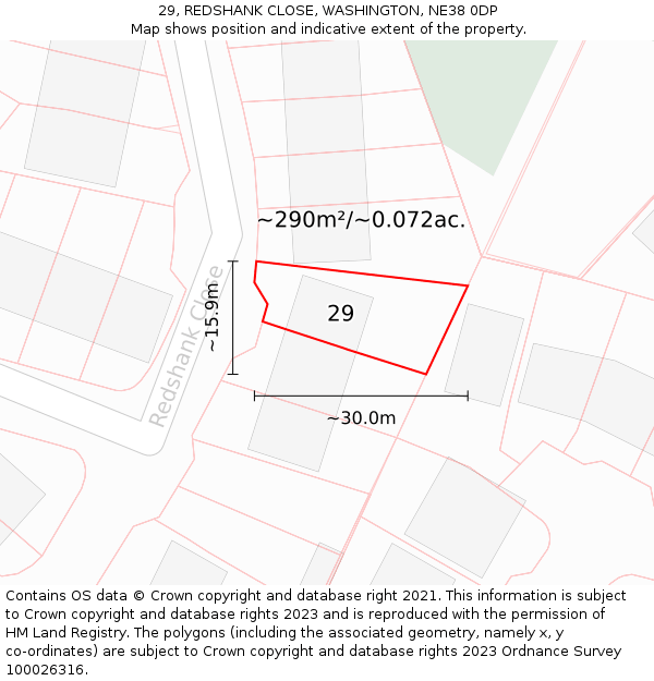 29, REDSHANK CLOSE, WASHINGTON, NE38 0DP: Plot and title map