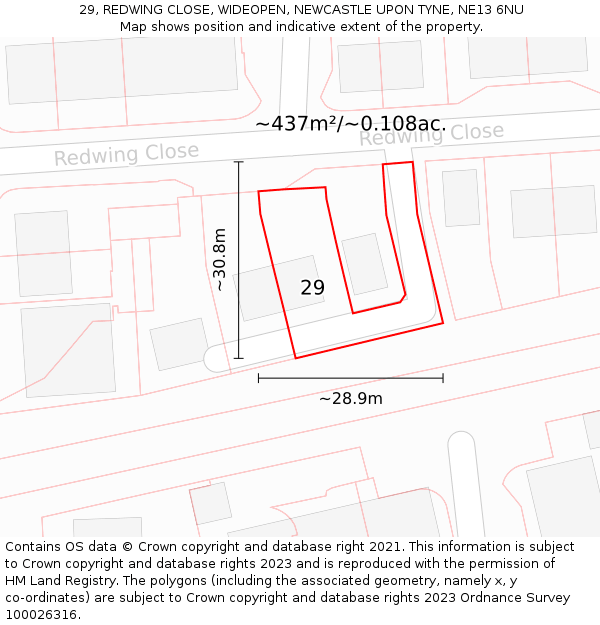 29, REDWING CLOSE, WIDEOPEN, NEWCASTLE UPON TYNE, NE13 6NU: Plot and title map