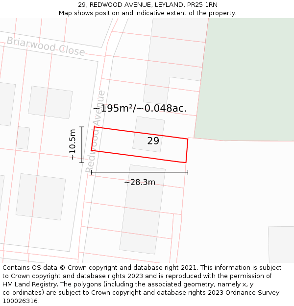 29, REDWOOD AVENUE, LEYLAND, PR25 1RN: Plot and title map