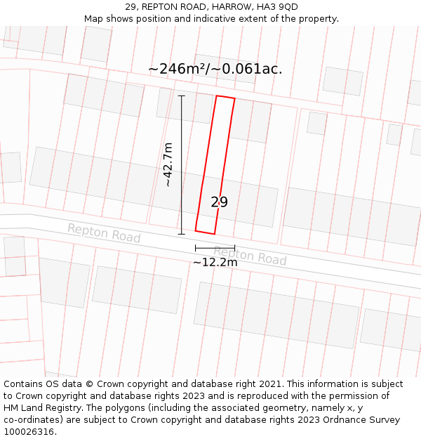 29, REPTON ROAD, HARROW, HA3 9QD: Plot and title map