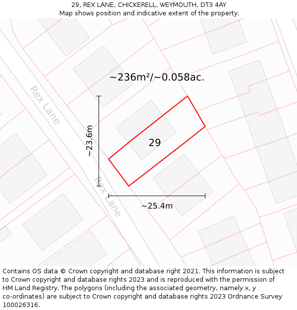 29, REX LANE, CHICKERELL, WEYMOUTH, DT3 4AY: Plot and title map