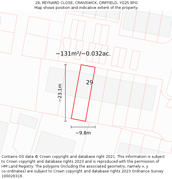 29, REYNARD CLOSE, CRANSWICK, DRIFFIELD, YO25 9PG: Plot and title map