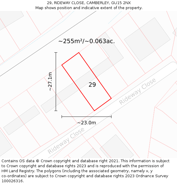 29, RIDEWAY CLOSE, CAMBERLEY, GU15 2NX: Plot and title map