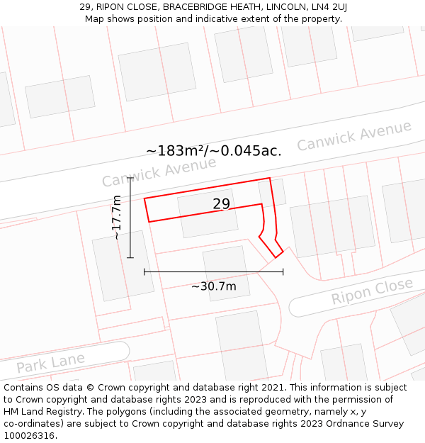 29, RIPON CLOSE, BRACEBRIDGE HEATH, LINCOLN, LN4 2UJ: Plot and title map