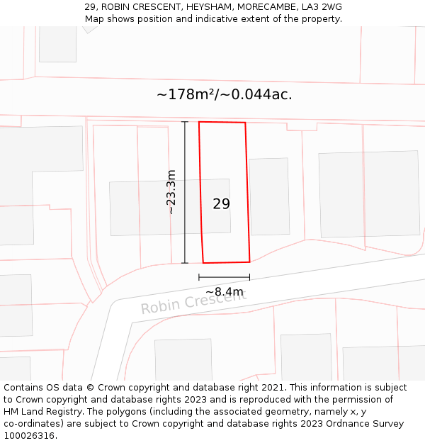 29, ROBIN CRESCENT, HEYSHAM, MORECAMBE, LA3 2WG: Plot and title map