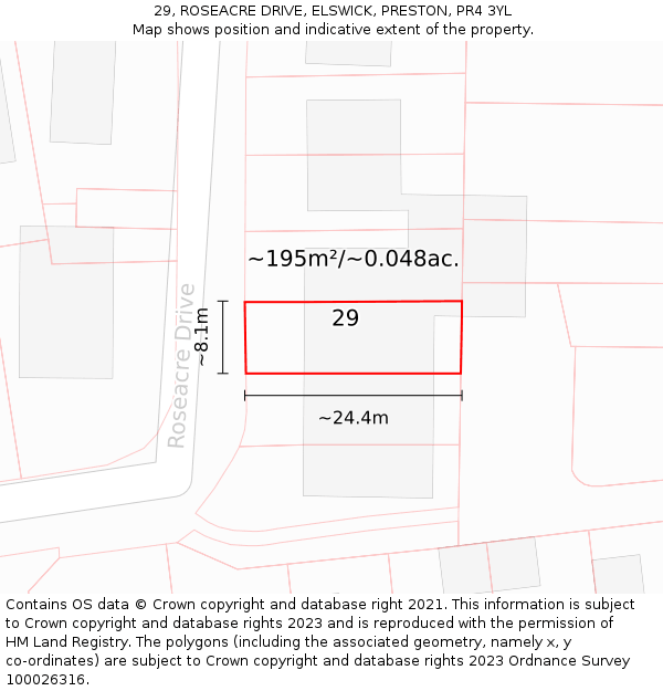 29, ROSEACRE DRIVE, ELSWICK, PRESTON, PR4 3YL: Plot and title map