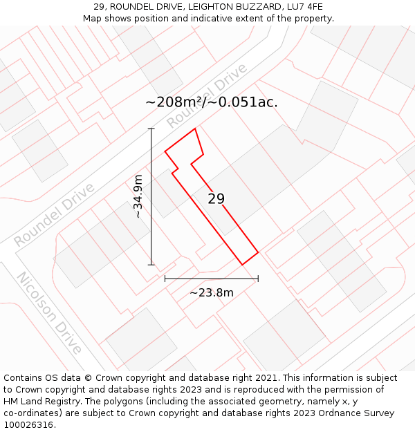 29, ROUNDEL DRIVE, LEIGHTON BUZZARD, LU7 4FE: Plot and title map