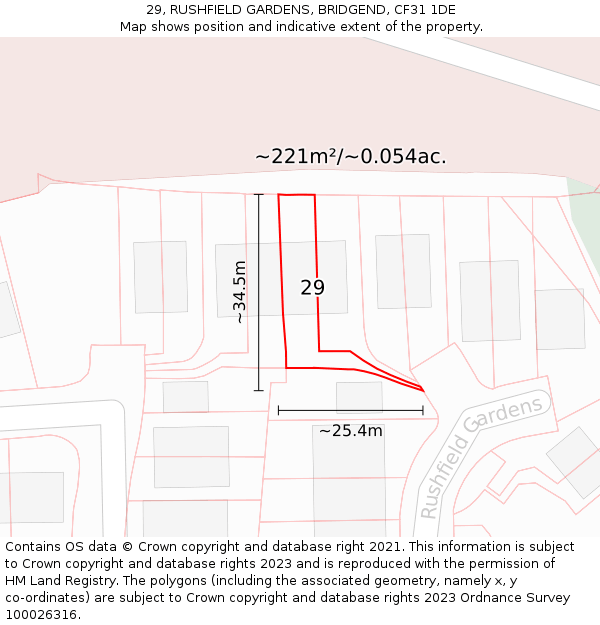 29, RUSHFIELD GARDENS, BRIDGEND, CF31 1DE: Plot and title map