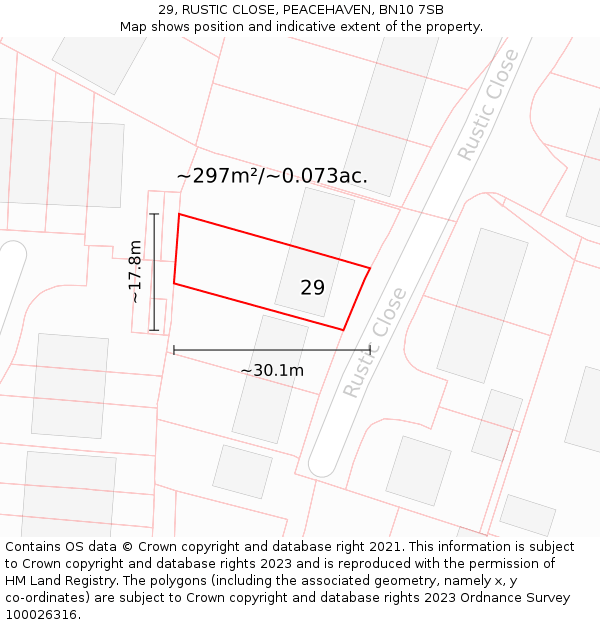29, RUSTIC CLOSE, PEACEHAVEN, BN10 7SB: Plot and title map