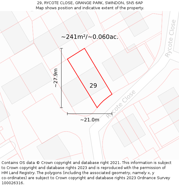 29, RYCOTE CLOSE, GRANGE PARK, SWINDON, SN5 6AP: Plot and title map