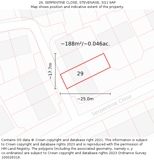 29, SERPENTINE CLOSE, STEVENAGE, SG1 6AP: Plot and title map