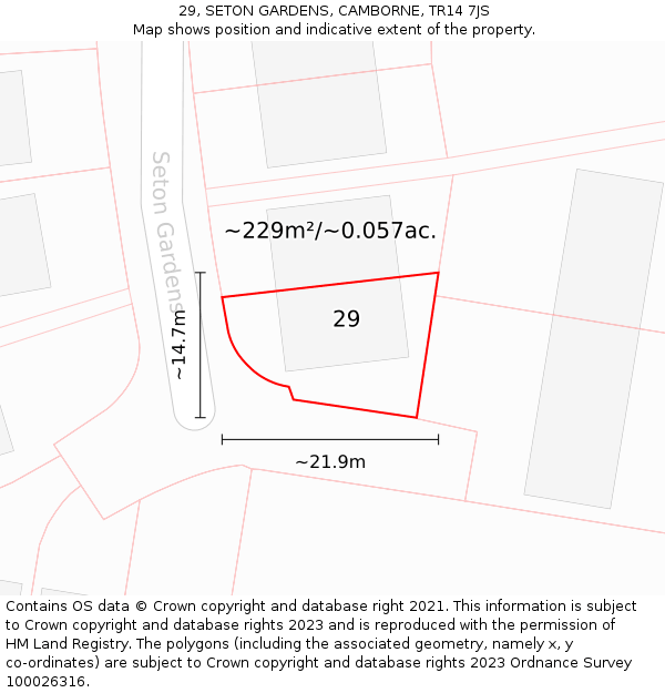 29, SETON GARDENS, CAMBORNE, TR14 7JS: Plot and title map