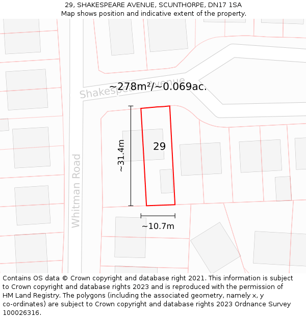 29, SHAKESPEARE AVENUE, SCUNTHORPE, DN17 1SA: Plot and title map
