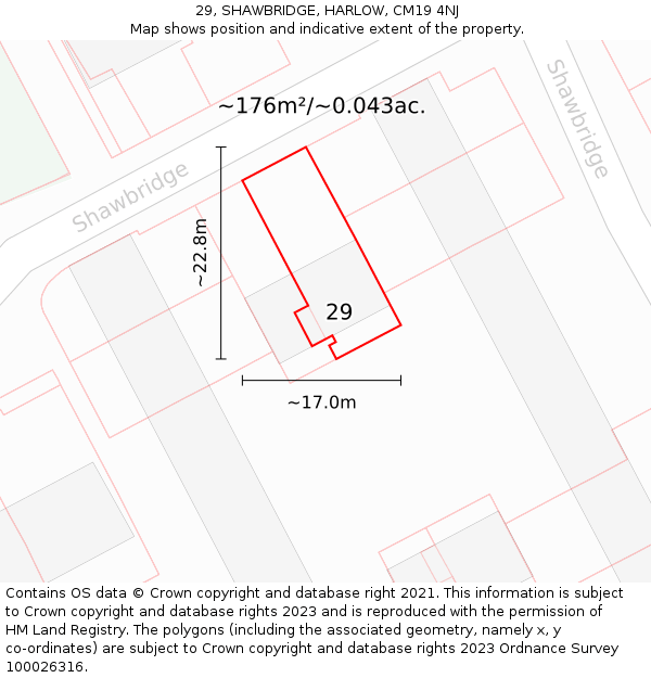 29, SHAWBRIDGE, HARLOW, CM19 4NJ: Plot and title map