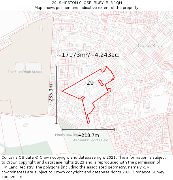29, SHIPSTON CLOSE, BURY, BL8 1QH: Plot and title map
