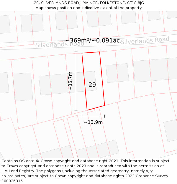 29, SILVERLANDS ROAD, LYMINGE, FOLKESTONE, CT18 8JG: Plot and title map