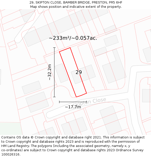 29, SKIPTON CLOSE, BAMBER BRIDGE, PRESTON, PR5 6HF: Plot and title map