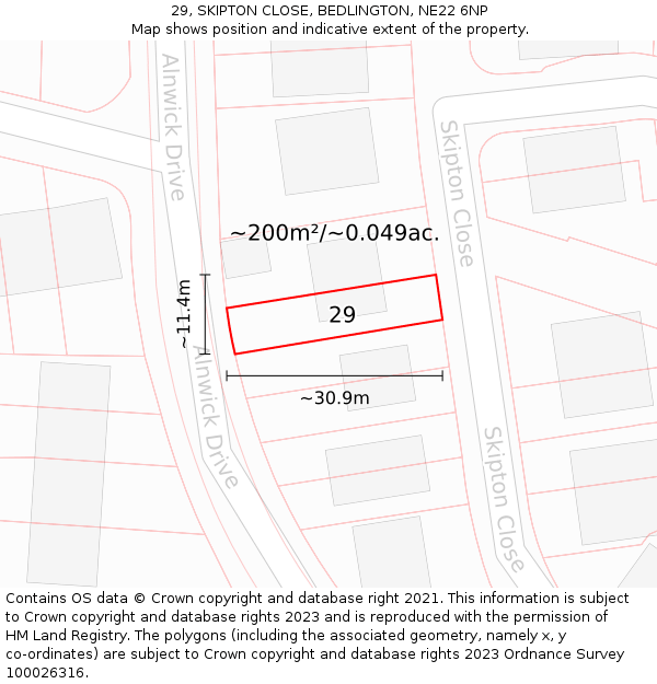29, SKIPTON CLOSE, BEDLINGTON, NE22 6NP: Plot and title map