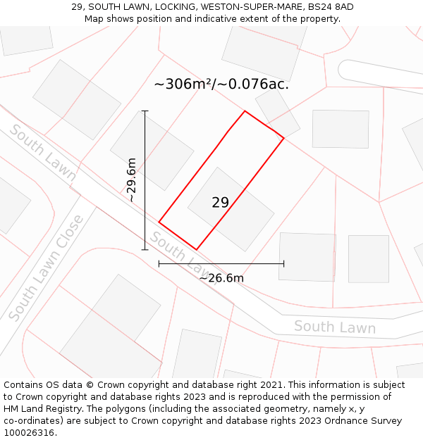 29, SOUTH LAWN, LOCKING, WESTON-SUPER-MARE, BS24 8AD: Plot and title map
