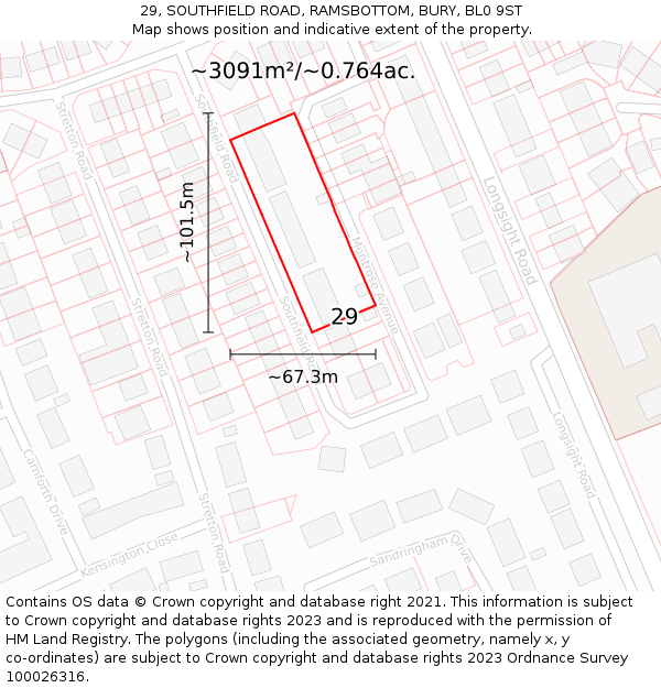 29, SOUTHFIELD ROAD, RAMSBOTTOM, BURY, BL0 9ST: Plot and title map